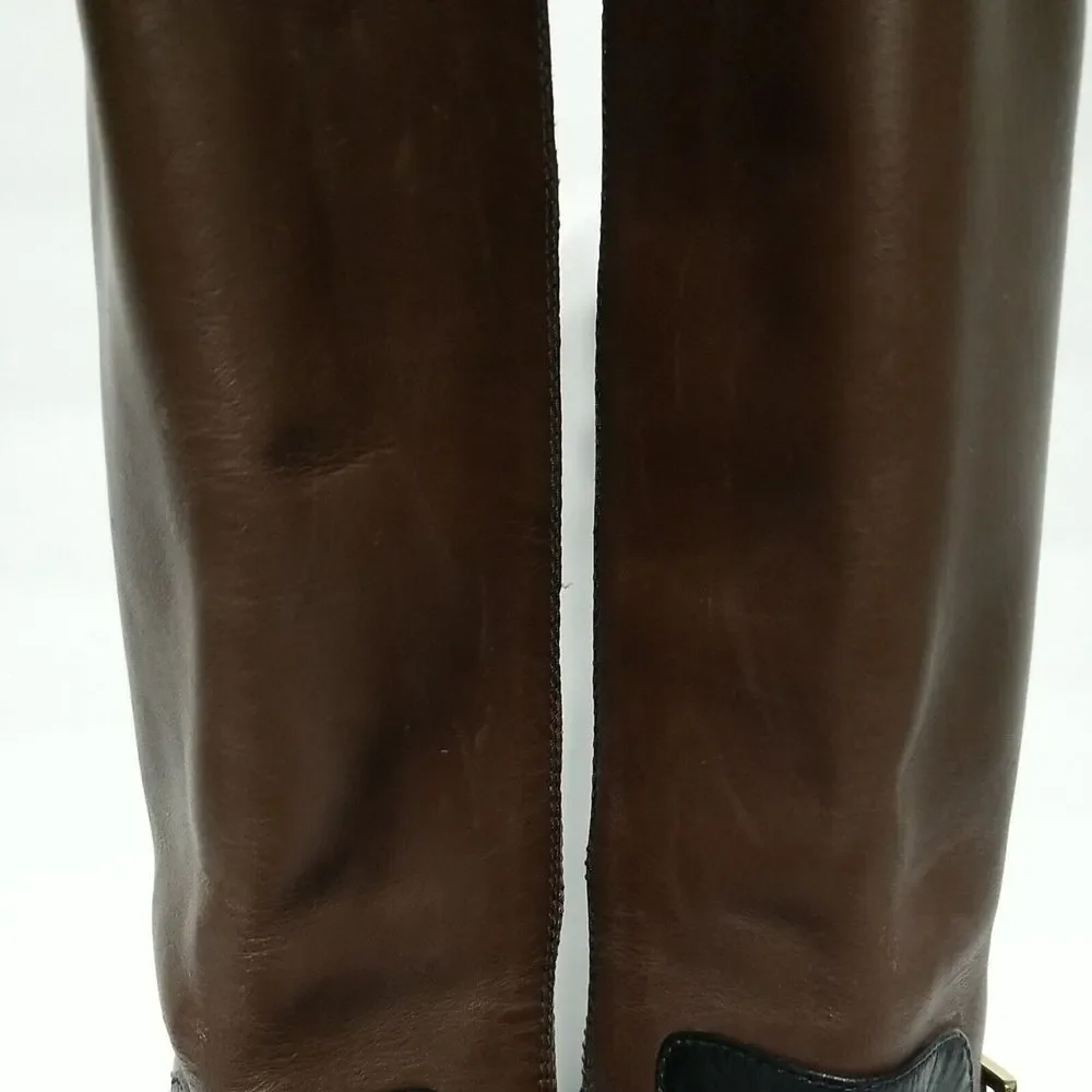 MICHAEL KORS Tall Fulton Black Brown Leather Harness Knee High Boots Women 5.5 M